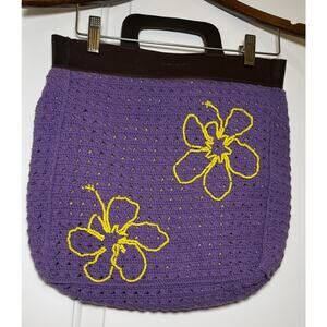Antik Batik Purple Cotton Crotchet Handknit Bag Beaded Floral Leather Handle